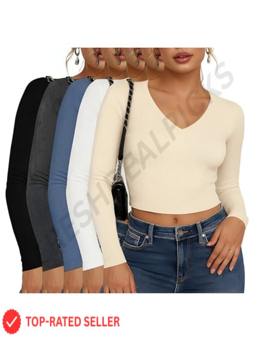 5 Pack Womens Long Sleeve V Neck Ribbed Slim Fit Crop Tops Y2K Fall